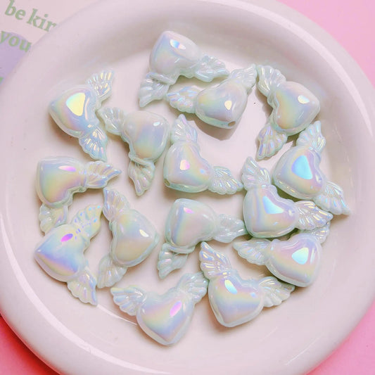 AC 1992 Luminous heart with wings uv plated holographic irrediscent Acrylic bead ( 1 pc )