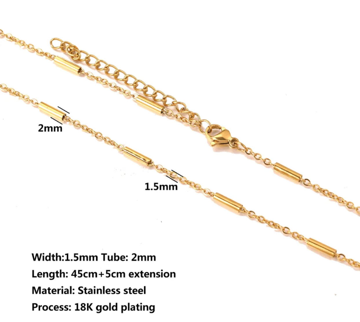 Tube gold Stainless steel ready chain with extension ( 1 pc ) Anti tarnish