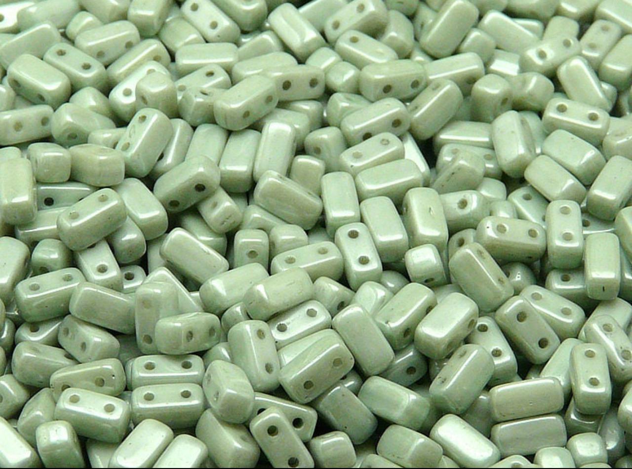 GB 1079 Czech Two Hole Pressed Rectangle Glass Brick Beads Opaque Light Green Ceramic Look - per piece