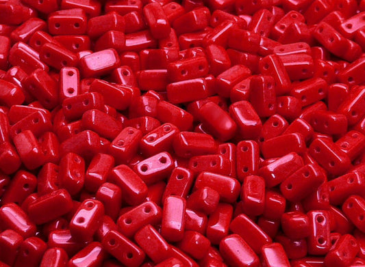 CB 1102 Czech Two Hole Pressed Glass Brick Beads Opaque Red Coral - per piece