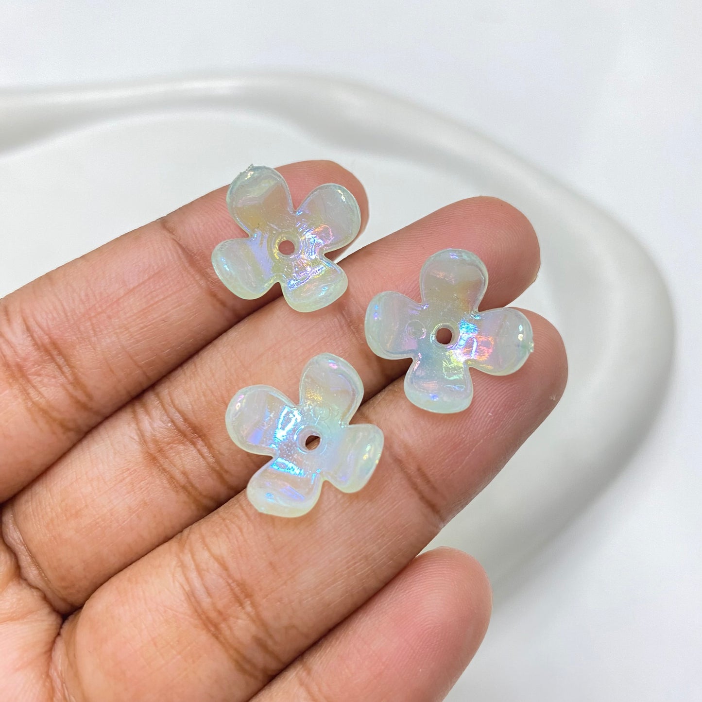 AC 1430 four petal uv plated shiny irrediscent Acrylic flower bead- per piece