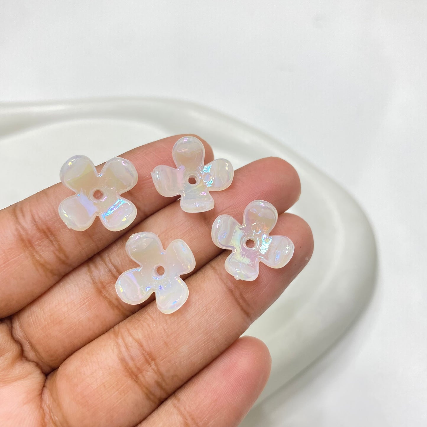 AC 1425 four petal uv plated shiny irrediscent Acrylic flower bead- per piece