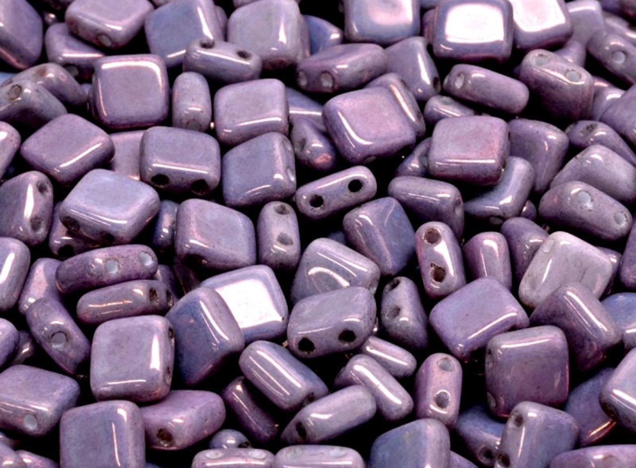 CB 1093 Two Hole Pressed Czech Mate Glass Tile Beads Opaque Mix Amethyst Gold Ceramic Look - per piece