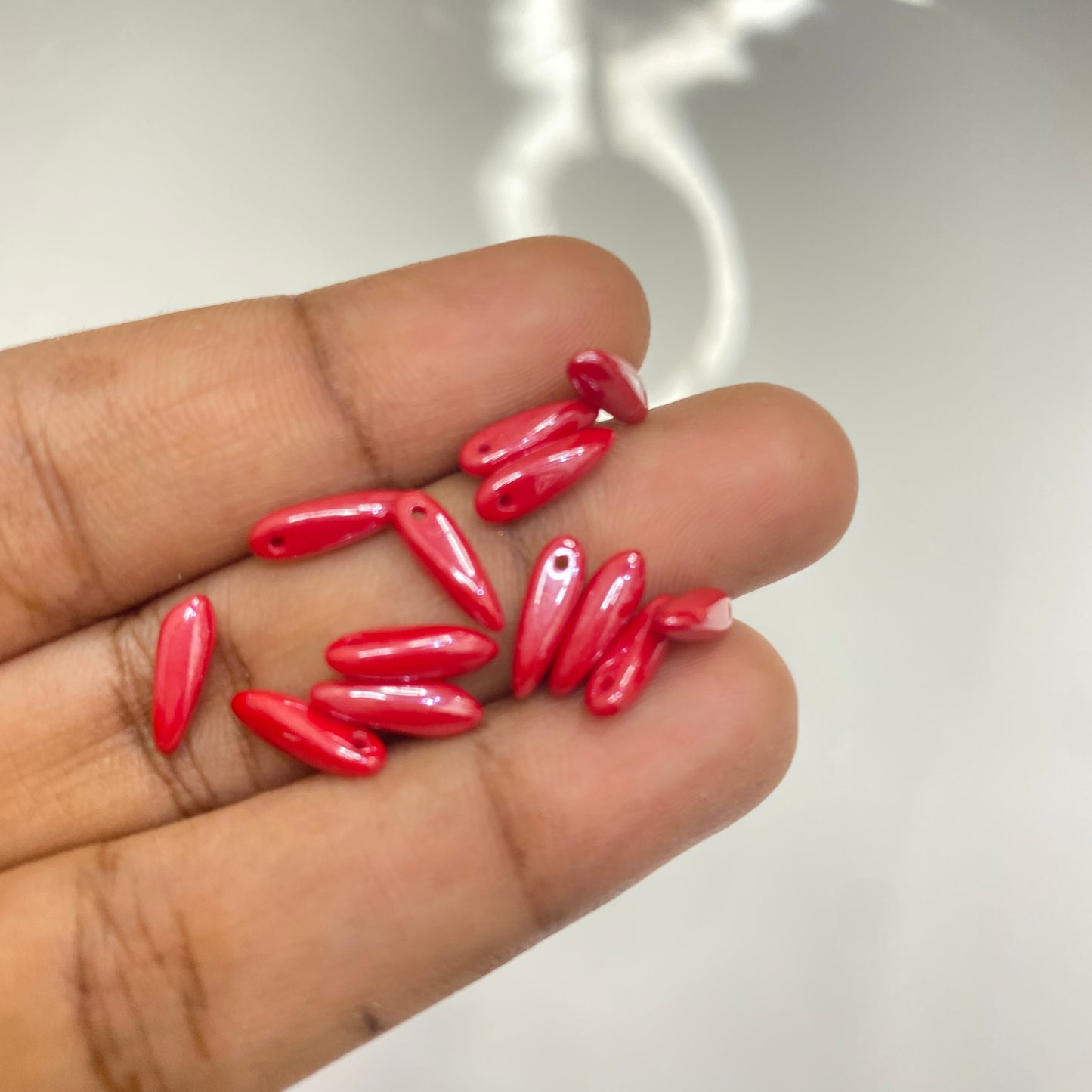 CB 1107 Czech pressed Glass Dagger Beads Opaque Red Coral White Luster - per piece