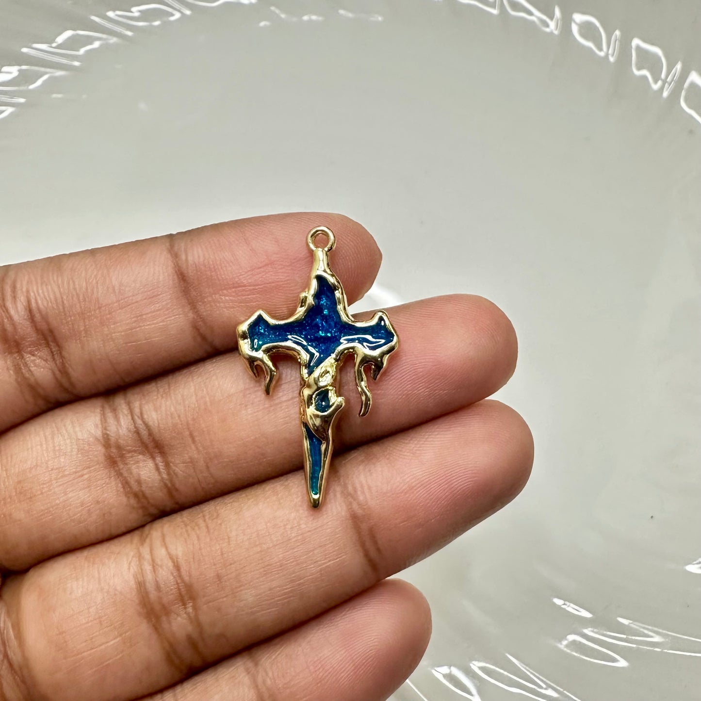 GP 1007 Blue dripping cross gold plated charm - Anti tarnish - per piece