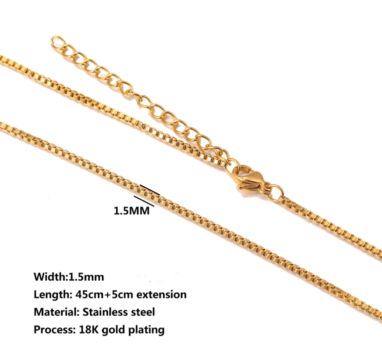 box gold Stainless steel ready chain with extension ( 1 pc ) Anti tarnish