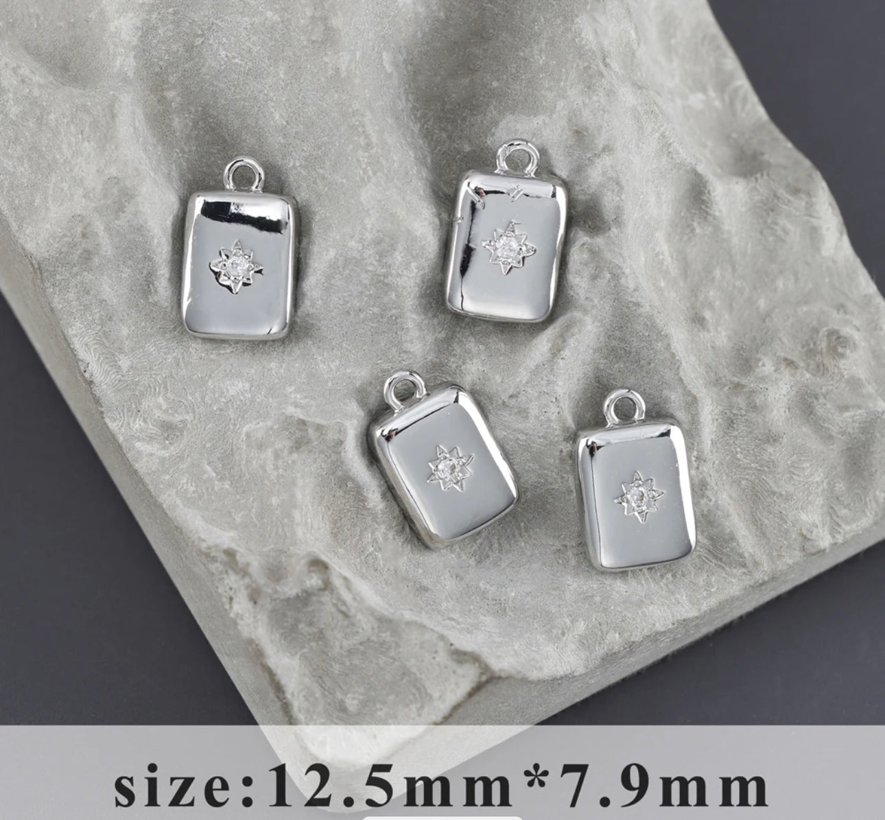 CZ 1236 rectangle silver plated charm - per piece- anti tarnish