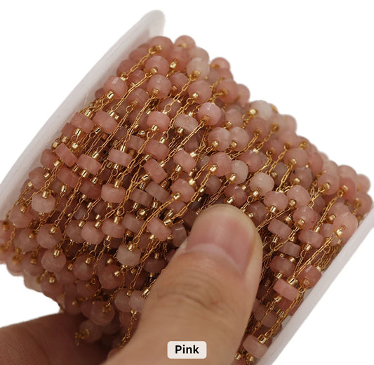 Pink cylindrical stone Handmade gold Stainless steel chain - per feet - Anti tarnish