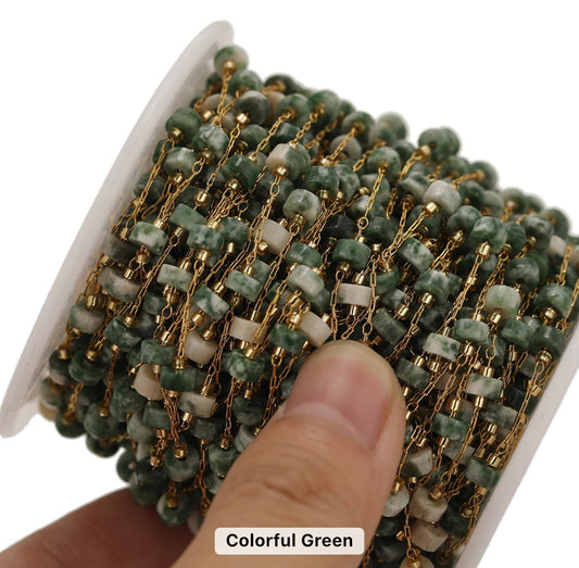 Colourful green cylindrical stone Handmade gold Stainless steel chain - per feet - Anti tarnish