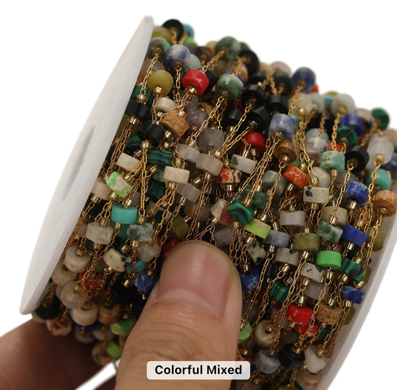 Colourful mixed cylindrical stone Handmade gold Stainless steel chain - per feet - Anti tarnish