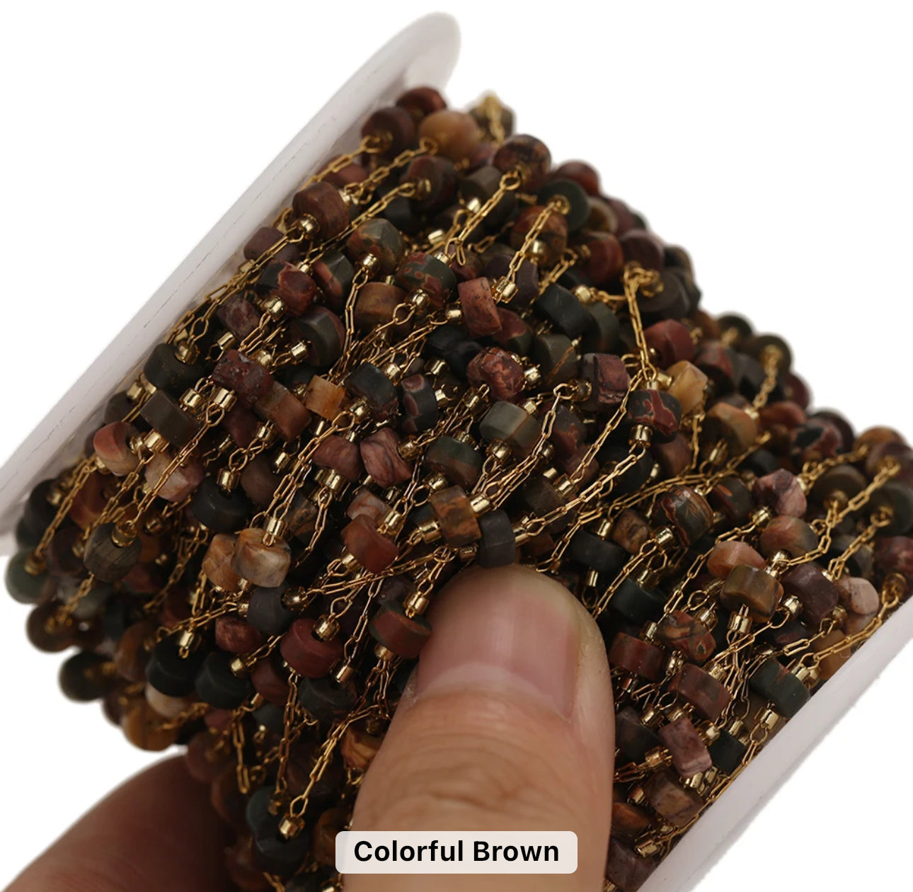 Colourful brown cylindrical stone Handmade gold Stainless steel chain - per feet - Anti tarnish