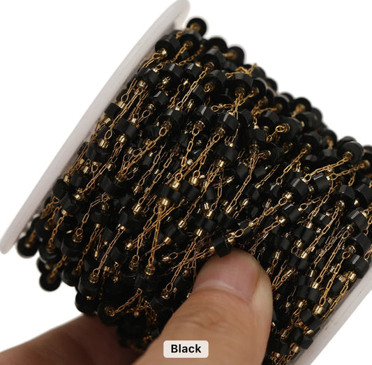 Black Cylinder stone Handmade gold Stainless steel chain - per feet - Anti tarnish