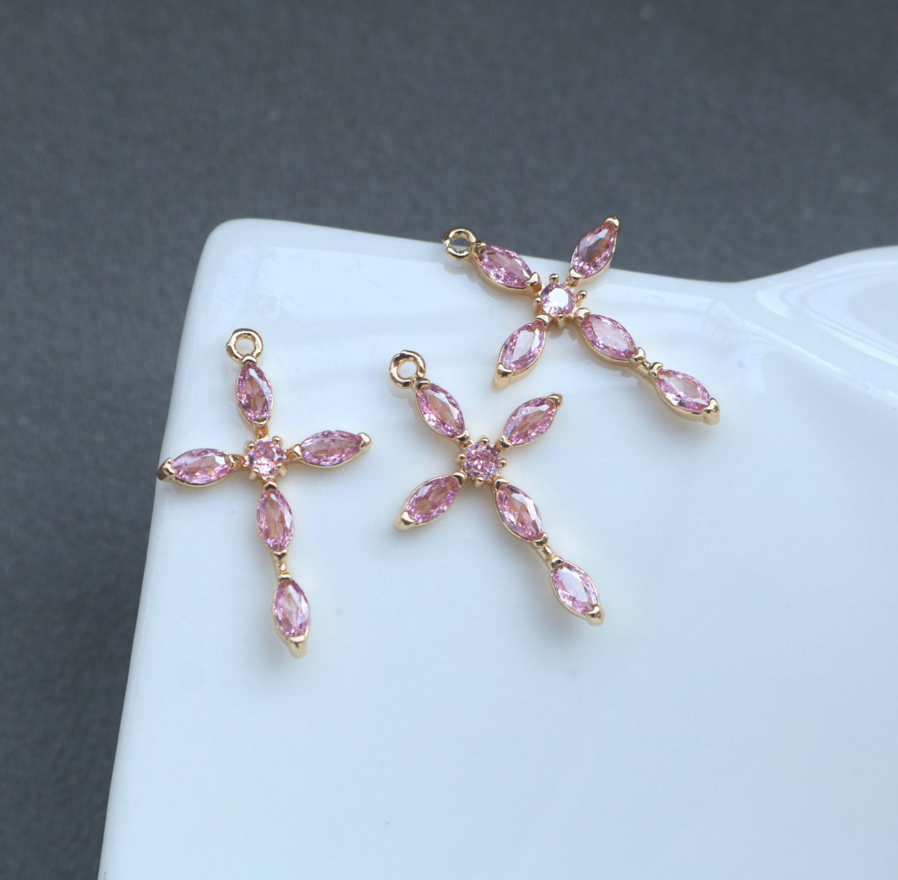 CZ 1984 pink Zircon cross pendant 14k gold plated charm ( 1 pc ) - anti tarnish