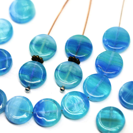 C259 Round flat bluish green czech glass bead- per piece