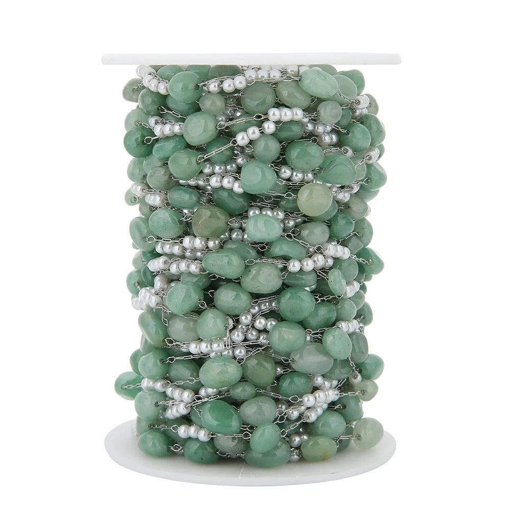 Green Pearl stone Stainless steel chain - per feet - Anti tarnish