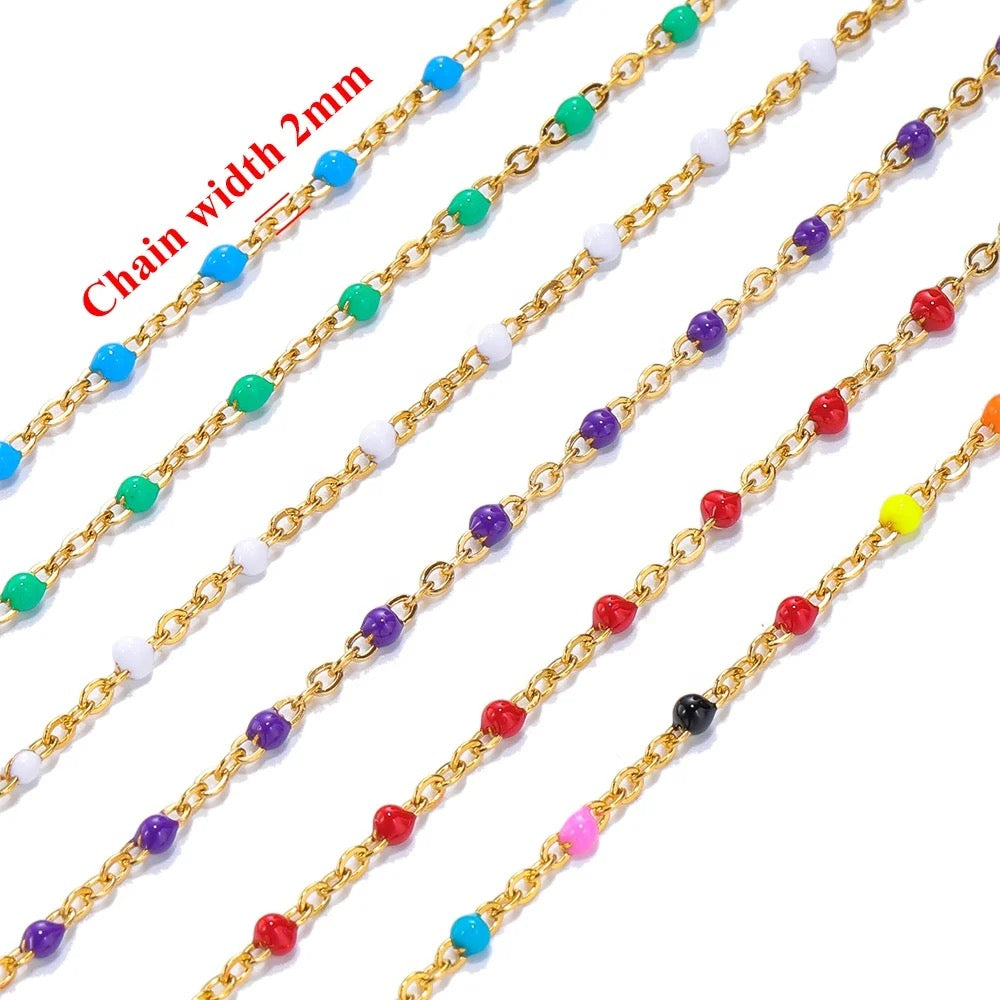 Colourful enamel bead gold Stainless steel chain - per feet - Anti tarnish