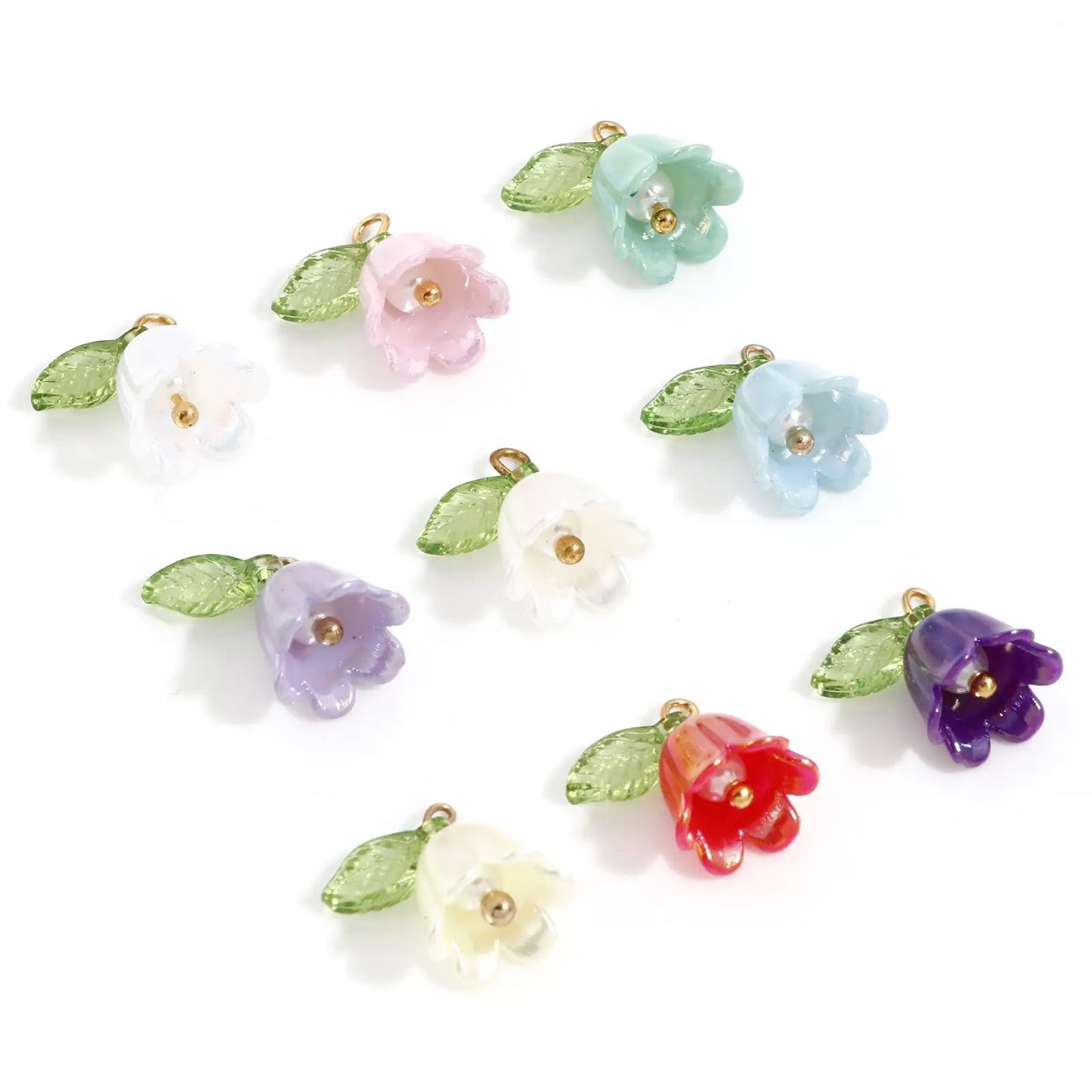 AC 2035 pearly lily flower with leaf shiny Acrylic bead ( 1 pc )