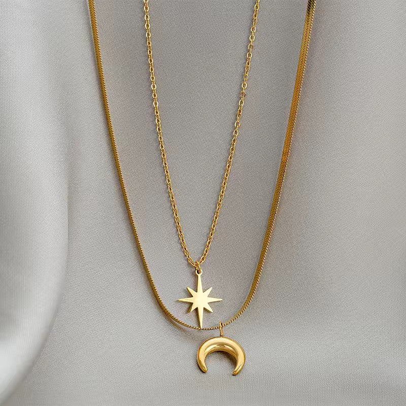 SS 18 Star and Moon Double layer snake chain necklace - 18k stainless steel - Anti tarnish