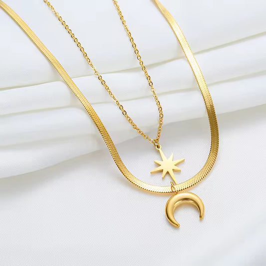 SS 18 Star and Moon Double layer snake chain necklace - 18k stainless steel - Anti tarnish