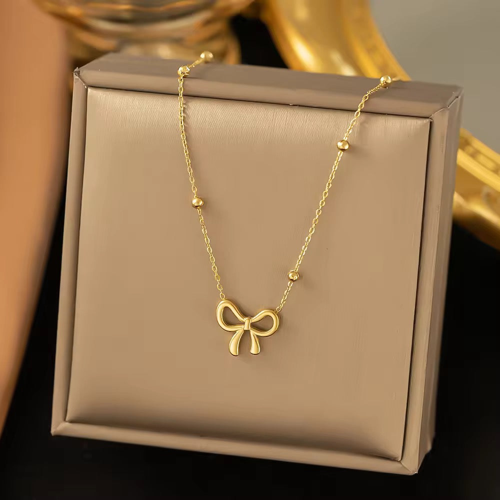 SS 24 Bow bead chain necklace - 18k stainless steel - Anti tarnish