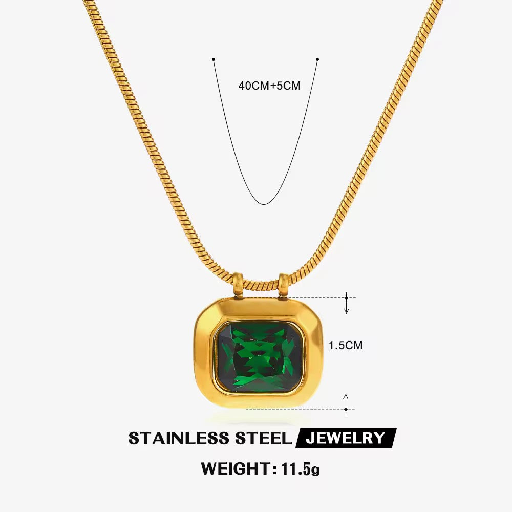 SS 26 Green Zircon pendant necklace - 18k stainless steel - Anti tarnish