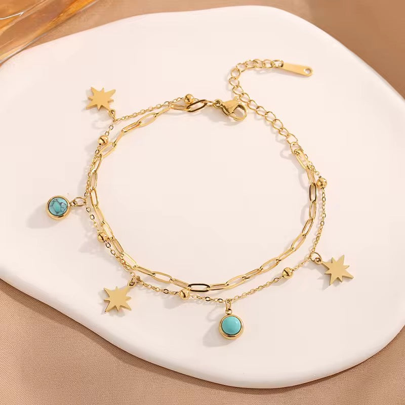 SS 147 Turquoise double layer bracelet - 18k stainless steel - Anti tarnish - Wholesale