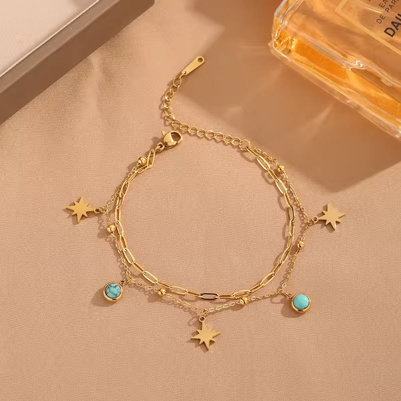 SS 147 Turquoise double layer bracelet - 18k stainless steel - Anti tarnish - Wholesale