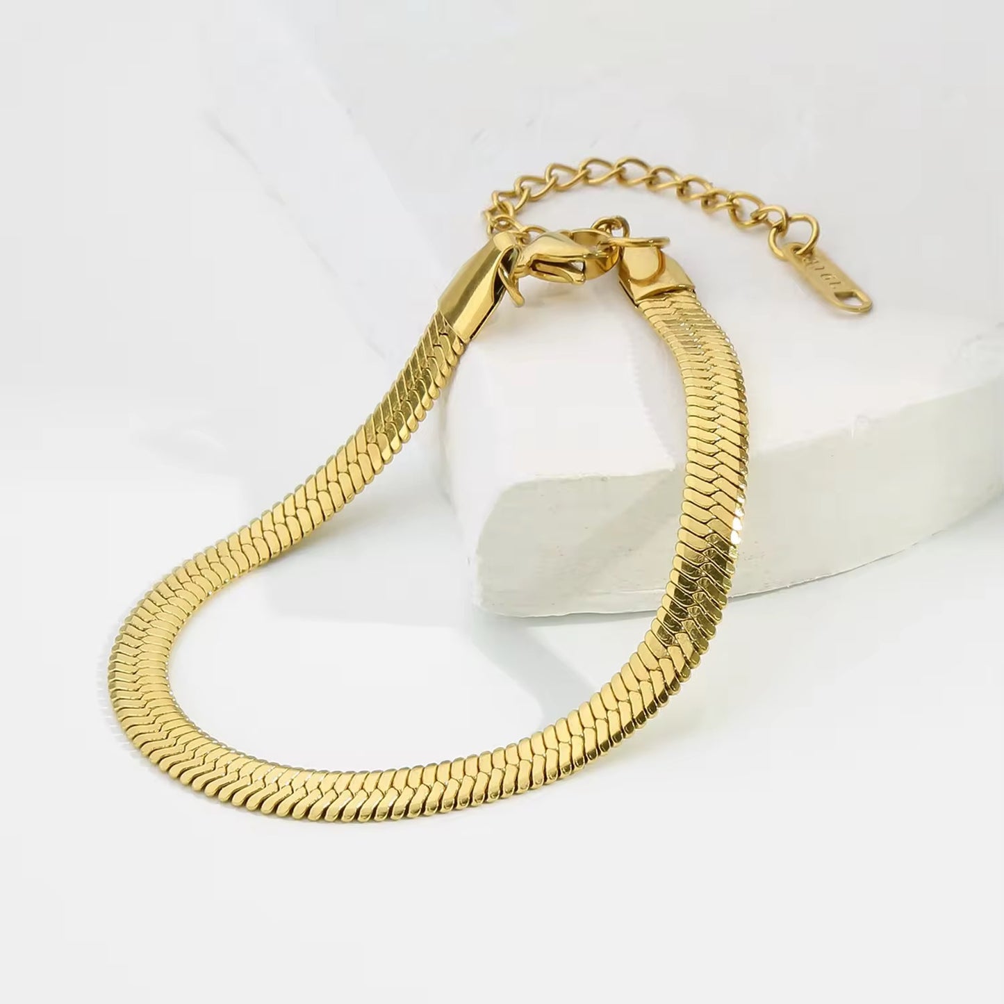 Flat snake chain 18k gold stainless steel bracelet( 1 pc ) with extension - anti tarnish