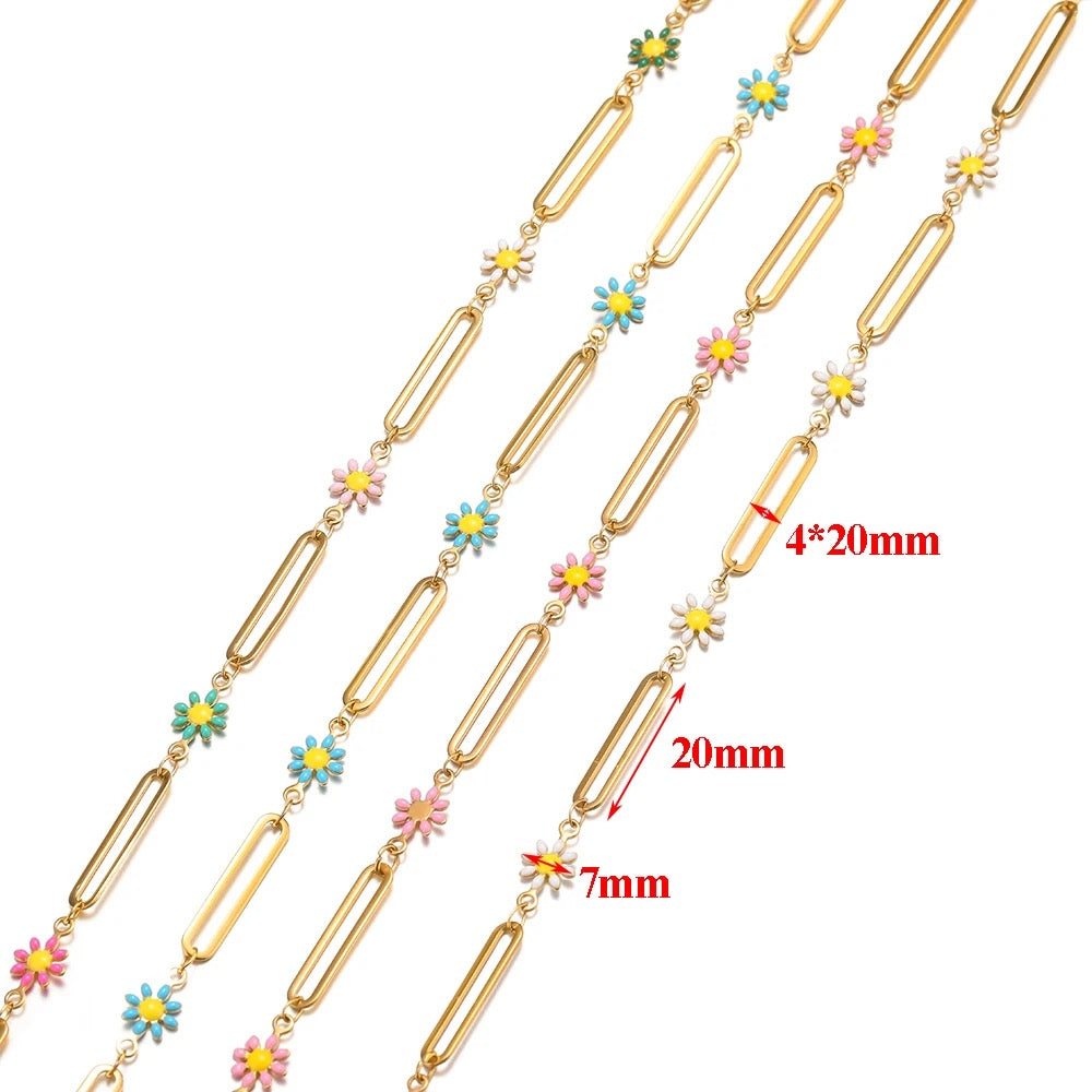 Enamel flowers gold Stainless steel buckle chain - per feet - Anti tarnish