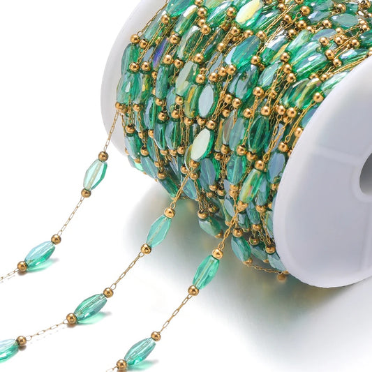 Bluish green crystal boho Handmade gold Stainless steel chain - per feet - Anti tarnish