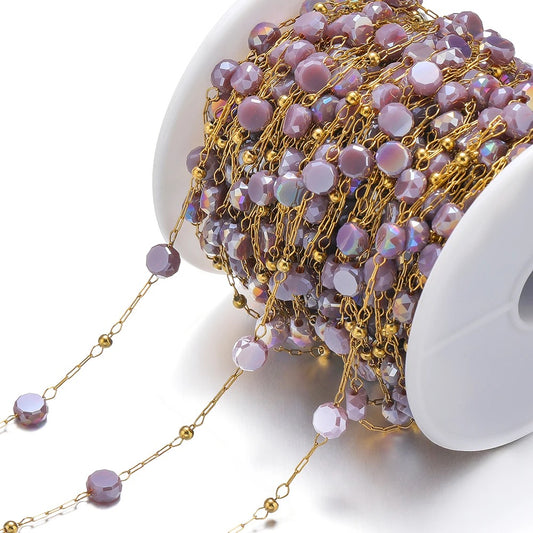 Purple round crystal  Handmade gold Stainless steel chain - per feet - Anti tarnish