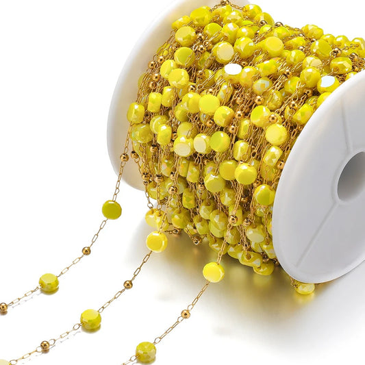 Lemon yellow round crystal  Handmade gold Stainless steel chain - per feet - Anti tarnish